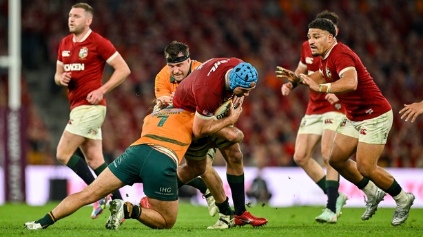 19 July 2025; Tadhg Beirne of British & Irish Lions is tackled by Fraser McReight of Australia during the first test match between Australia and the British & Irish Lions at Suncorp Stadium in Brisbane, Australia. Photo by Brendan Moran/Sportsfile