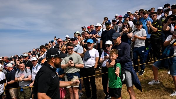20 July 2025; Shane Lowry of Ireland with supporters during the final round of The 153rd Open Championship at Royal Portrush Golf Club in Portrush, Antrim. Photo by Ramsey Cardy/Sportsfile