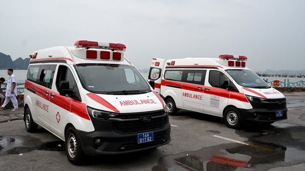 Ambulances are seen at the pier in Ha Long Bay, Quang Ninh Province