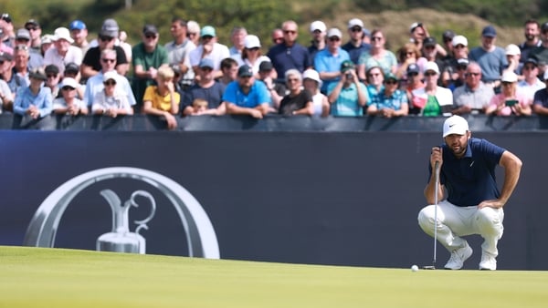 PORTRUSH, NORTHERN IRELAND - JULY 20: Scottie Scheffler of the United States lines up a putt on the third green during day four of The 153rd Open Championship at Royal Portrush Golf Club on July 20, 2025 in Portrush, Northern Ireland. (Photo by Warren Lit