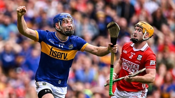 John McGrath of Tipperary celebrates scoring his side's first goal during the GAA Hurling All-Ireland Senior Championship final match between Cork and Tipperary at Croke Park