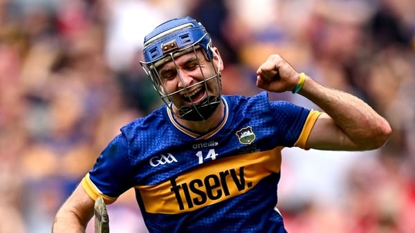 John McGrath of Tipperary celebrates after scoring his second and his side's third goal during the GAA Hurling All-Ireland Senior Championship final match between Cork and Tipperary at Croke Park in Dublin. Photo by Seb Daly/Sportsfile