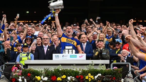 20 July 2025; Ronan Maher of Tipperary lifts the Liam MacCarthy Cup after his side's victory in the GAA Hurling All-Ireland Senior Championship final match between Cork and Tipperary at Croke Park in Dublin. Photo by Stephen McCarthy/Sportsfile