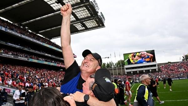 20 July 2025; Tipperary manager Liam Cahill celebrates after the GAA Hurling All-Ireland Senior Championship final match between Cork and Tipperary at Croke Park in Dublin. Photo by Seb Daly/Sportsfile