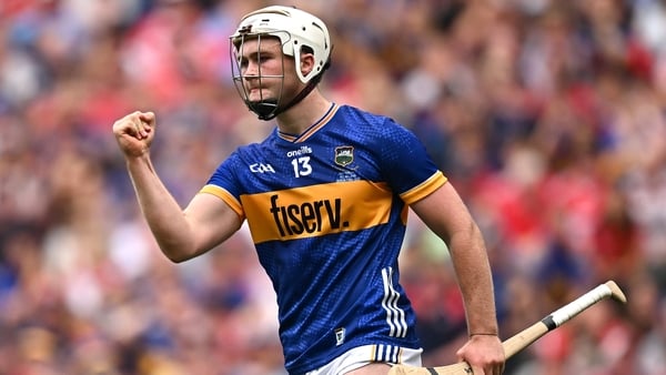 Darragh McCarthy of Tipperary celebrates after scoring his side's second goal from a penalty during the GAA Hurling All-Ireland Senior Championship final match