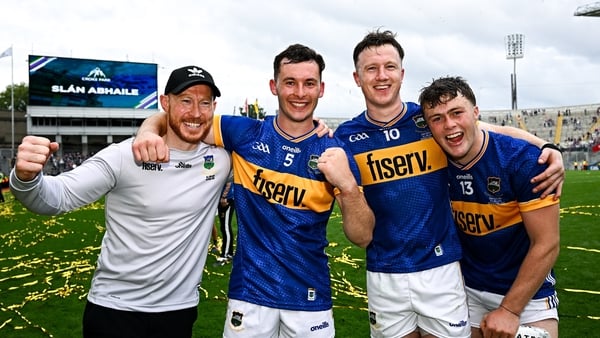20 July 2025; Tipperary players Craig Morgan, Jake Morris and Darragh McCarthy celebrate with sport psychologist Cathal Sheridan, left, after the GAA Hurling All-Ireland Senior Championship final match between Cork and Tipperary at Croke Park in Dublin. P