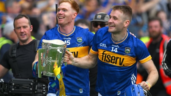20 July 2025; Jason Forde, left, and John McGrath of Tipperary celebrate with the Liam MacCarthy Cup after the GAA Hurling All-Ireland Senior Championship final match between Cork and Tipperary at Croke Park in Dublin. Photo by Ray McManus/Sportsfile