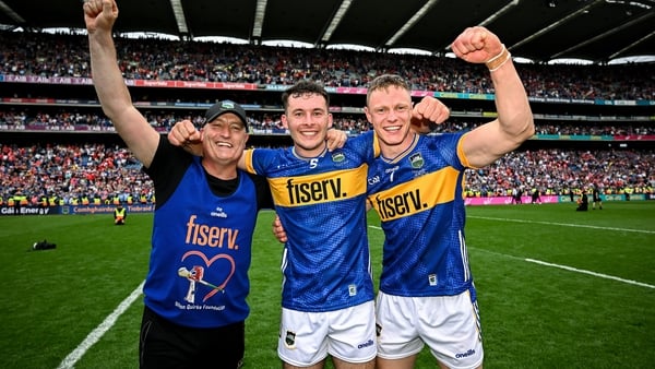 20 July 2025; Tipperary manager Liam Cahill, left, celebrates with Craig Morgan and Bryan O'Mara after the GAA Hurling All-Ireland Senior Championship final match between Cork and Tipperary at Croke Park in Dublin. Photo by Seb Daly/Sportsfile