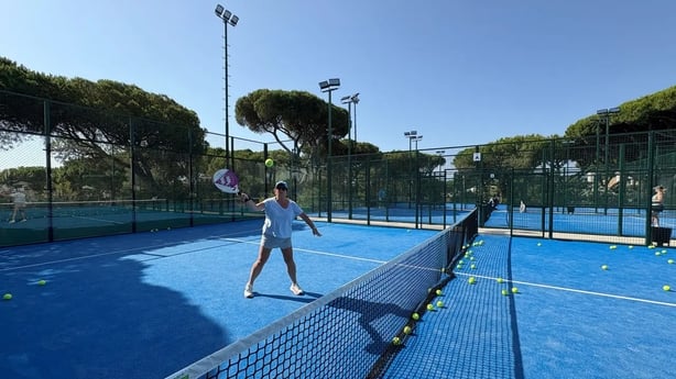 Hannah learning padel on one of the new courts at Pine Cliffs (Hannah Stephenson/PA)