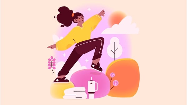 An illustration of a woman enjoying some exercise surrounded by nature