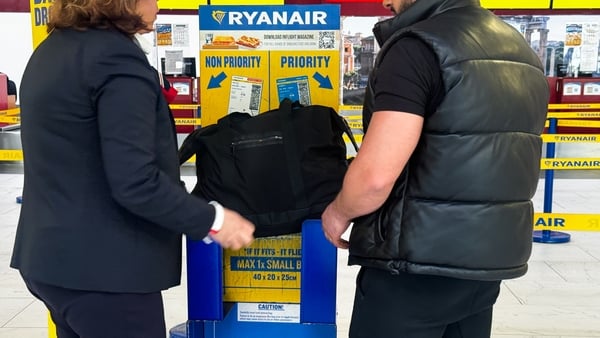Ryanair bag sizer is seen at Rome Ciampino Airport in Ciampino, Italy on April 27, 2025