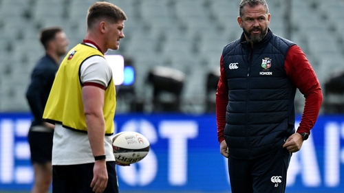 Owen Farrell (l) and Andy Farrell at a Lions training session