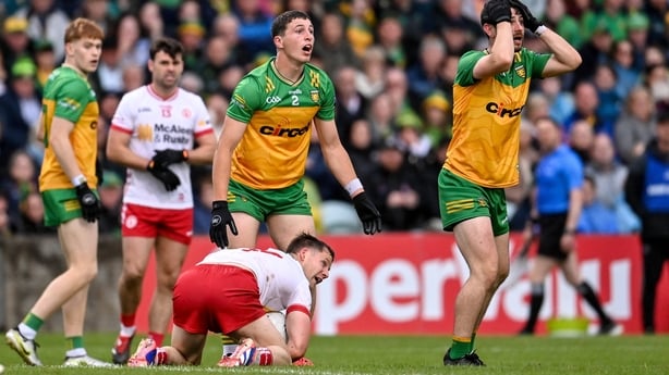 24 May 2025; Ryan McHugh, right, and Finnbarr Roarty of Donegal react to a decision during the GAA Football All-Ireland Senior Championship Round 1 match between Donegal and Tyrone at MacCumhaill Park in Ballybofey, Donegal. Photo by Ramsey Cardy/Sportsfile