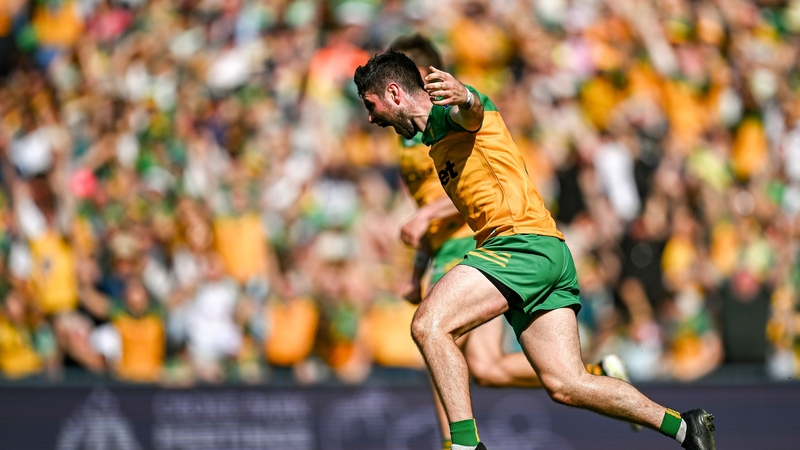 Ryan McHugh celebrates Donegal's second goal against Louth, scored by Ciarán Moore