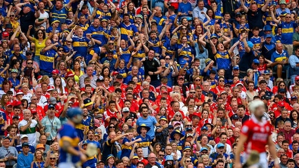 20 July 2025; Tipperary supporters celebrate winning a free during the GAA Hurling All-Ireland Senior Championship final match between Cork and Tipperary at Croke Park in Dublin. Photo by Stephen McCarthy/Sportsfile