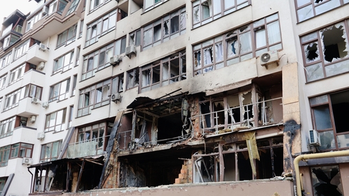 A residential building was damaged after a Russian missile and drone attack in Kyiv