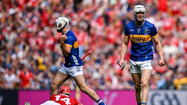 20 July 2025; Bryan O'Mara of Tipperary celebrates his side winning a free during the GAA Hurling All-Ireland Senior Championship final match between Cork and Tipperary at Croke Park in Dublin. Photo by Seb Daly/Sportsfile