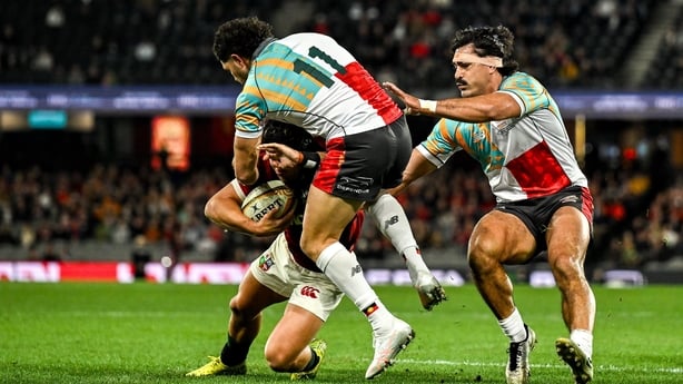 22 July 2025; Darcy Graham of British & Irish Lions is tackled by Triston Reilly of First Nations & Pasifika XV during the tour match between First Nations & Pasifika XV and the British & Irish Lions at Marvel Stadium in Melbourne, Australia. Photo by Brendan Moran/Sportsfile