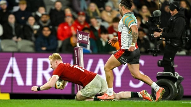 22 July 2025; Jamie Osborne of British & Irish Lions scores his side's third try during the tour match between First Nations & Pasifika XV and the British & Irish Lions at Marvel Stadium in Melbourne, Australia. Photo by Brendan Moran/Sportsfile