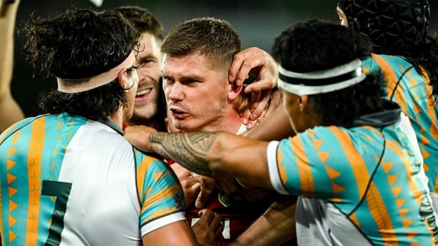 22 July 2025; Owen Farrell of British & Irish Lions gets involved with Charlie Gamble of First Nations & Pasifika XV during the tour match between First Nations & Pasifika XV and the British & Irish Lions at Marvel Stadium in Melbourne, Australia. Photo by Brendan Moran/Sportsfile