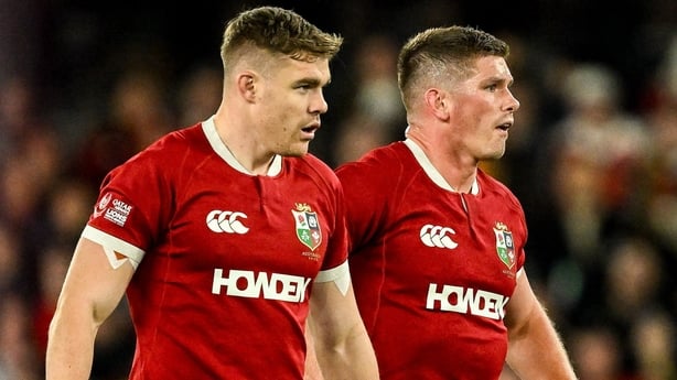 22 July 2025; Garry Ringrose, left, and Owen Farrell of British & Irish Lions during the tour match between First Nations & Pasifika XV and the British & Irish Lions at Marvel Stadium in Melbourne, Australia. Photo by Brendan Moran/Sportsfile