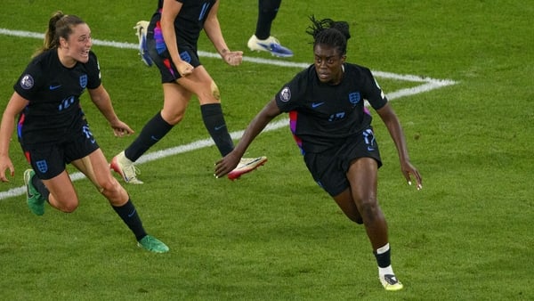 GENEVA, SWITZERLAND - JULY 22: Michelle Agyemang of England (R) celebrates her goal during the UEFA Women's EURO 2025 Semi-Final match between England and Italy at Stade de Geneve on July 22, 2025 in Geneva, Switzerland. (Photo by Marcio Machado/Eurasia S