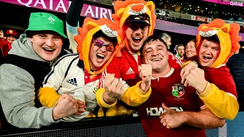 Thomas Clarkson celebrates his first British and Irish Lions appearance with friends from his home club, Wicklow RFC