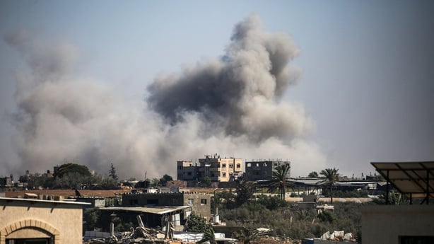 Smoke plumes rise from Israeli bombardment in Bureij in central Gaza