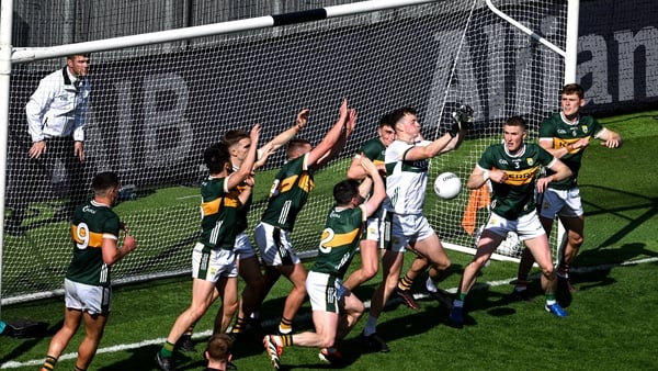 29 June 2025; Kerry goalkeeper Shane Ryan saves a shot from Rian O'Neill of Armagh during the GAA Football All-Ireland Senior Championship quarter-final match between Armagh and Kerry at Croke Park in Dublin. Photo by Daire Brennan/Sportsfile