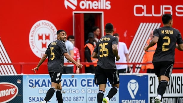  Leandro Andrade of Qarabag, left after scoring against Shelbourne in Champions League, July 2025