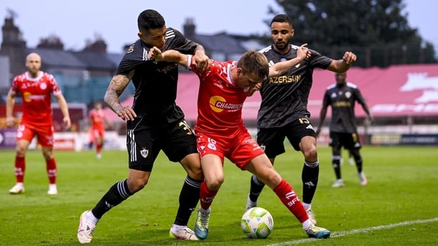 James Norris of Shelbourne in action against Pedro Bicalho, left, and Leandro Andrade of Qarabag during the UEFA Champions League Second Qualifying Round first leg match between Shelbourne and Qarabag FK at Tolka Park in Dublin. Photo by Stephen McCarthy/Sportsfile
