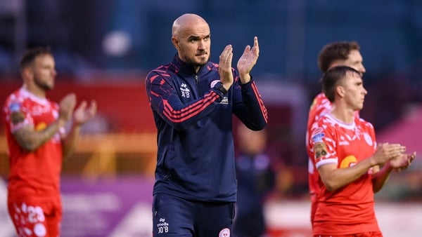 Shelbourne head coach Joey O'Brien applauds the supporters after his side's defeat in the UEFA Champions League Second Qualifying Round first leg match between Shelbourne and Qarabag FK at Tolka Park