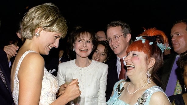 Diana, Princess Of Wales, laughing with Designer Zandra Rhodes