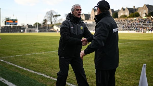 8 February 2025; Donegal manager Jim McGuinness shakes hands with Kerry manager Jack O'Connor after the Allianz Football League Division 1 match between Kerry and Donegal at Fitzgerald Stadium in Killarney, Kerry. Photo by Brendan Moran/Sportsfile