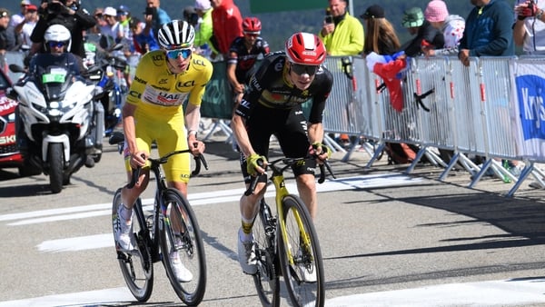 Tadej Pogacar in yellow and Jonas Vingegaard on Stage 18 of 2025 Tour de France