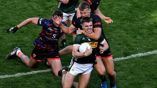 Dylan Casey of Kerry in action against Rian O'Neill of Armagh - 2025 All-Ireland quarter-final