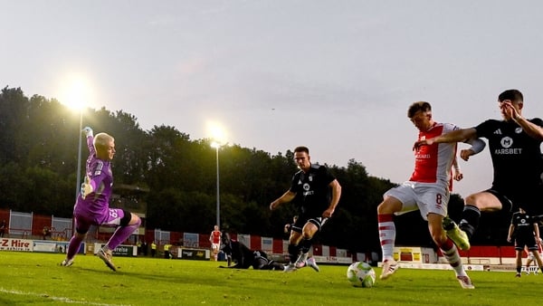 Chris Forrester of St Patrick's Athletic scores his side's first goal during the UEFA Conference League Second Qualifying Round first leg match v Nomme Kalju