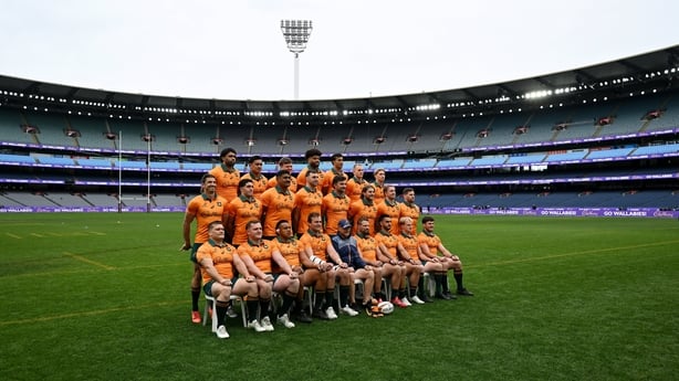 25 July 2025; The Australia team pose for an official team photograph, led by head coach Joe Schmidt, before the Australia rugby squad captain's run at the MCG in Melbourne, Australia. Photo by Brendan Moran/Sportsfile