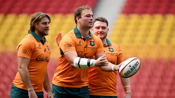 18 July 2025; Captain Harry Wilson, centre, with teammates Fraser McReight, left, and Matt Faessler during an Australia rugby squad captain's run at Suncorp Stadium in Brisbane, Australia. Photo by Brendan Moran/Sportsfile