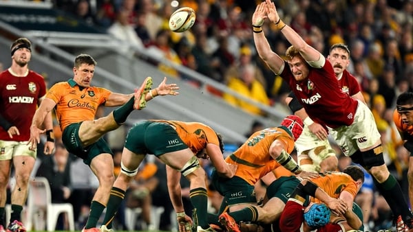 19 July 2025; Jake Gordon of Australia in action against Ollie Chessum of British & Irish Lions during the first test match between Australia and the British & Irish Lions at Suncorp Stadium in Brisbane, Australia. Photo by Brendan Moran/Sportsfile