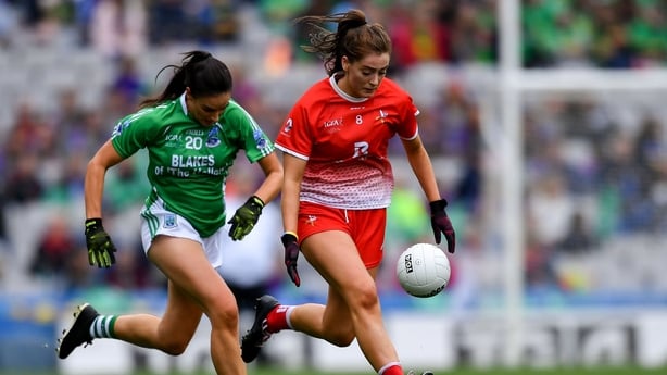 Eimear Byrne of Louth (R) in action against Aisling Woods of Fermanagh - 2019 All-Ireland Junior final