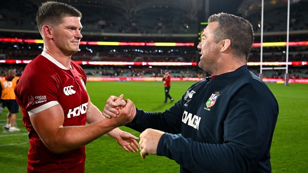 12 July 2025; Owen Farrell of British & Irish Lions, left, and assistant coach John Fogarty after the tour match between AUNZ XV and the British & Irish Lions at the Adelaide Oval in Adelaide, Australia. Photo by Brendan Moran/Sportsfile