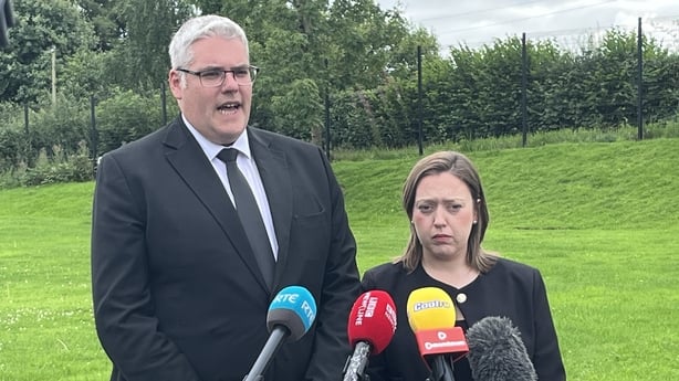 DUP's Gavin Robinson, Honor Irvine speak to reporters in Maguiresbridge
