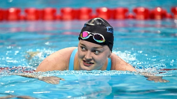 Mona McSharry after winning the women's 100m breaststroke final during day three of the 2025 Irish Open Swimming Championships at the National Aquatic Centre