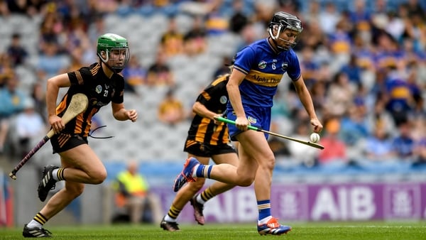 6 July 2025; Mairead Eviston of Tipperary in action against Caoimhe Keher Murtagh of Kilkenny during the Glen Dimplex Senior All-Ireland Camogie Championship quarter-final match between Kilkenny and Tipperary at Croke Park in Dublin. Photo by John Sherida