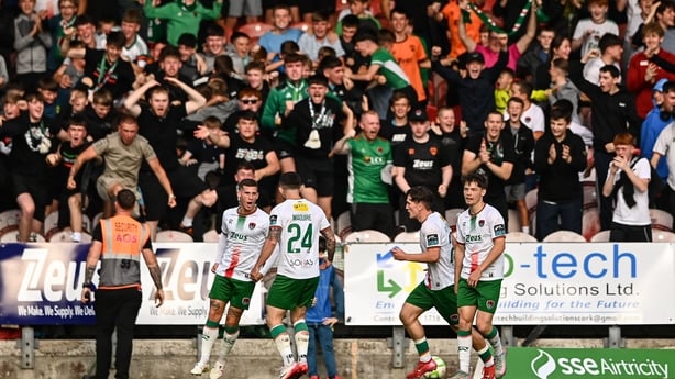 Evan McLaughlin of Cork City, left, celebrates with team-mate Sean Maguire, 24 after scoring against Sligo Rovers, Premier Division, July 2025