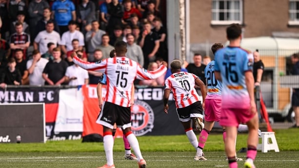 Dipo Akinyemi of Derry City, 10, after scoring against Bohemians, Premier Division, July 2025
