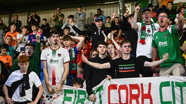 25 July 2025; Cork City supporters react after their side's defeat in the SSE Airtricity Men's Premier Division match between Cork City and Sligo Rovers at Turner's Cross in Cork. Photo by Ben McShane/Sportsfile