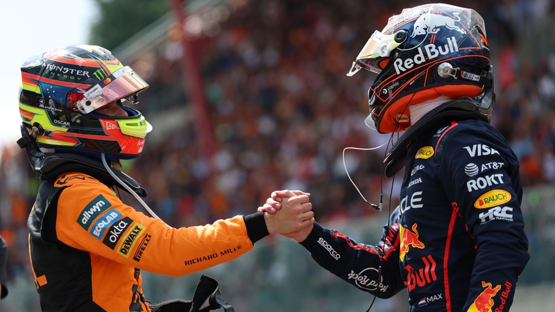 Sprint winner Max Verstappen (R) and second placed Oscar Piastri (L)