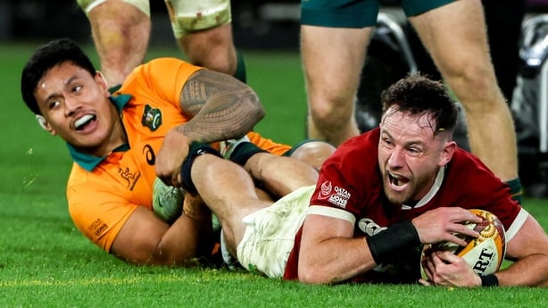 26 July 2025; Hugo Keenan of British & Irish Lions celebrates after scoring his side's fifth try during the second test match between Australia and the British & Irish Lions at the Melbourne Cricket Ground in Melbourne, Australia. Photo by Steve Christo/Sportsfile
